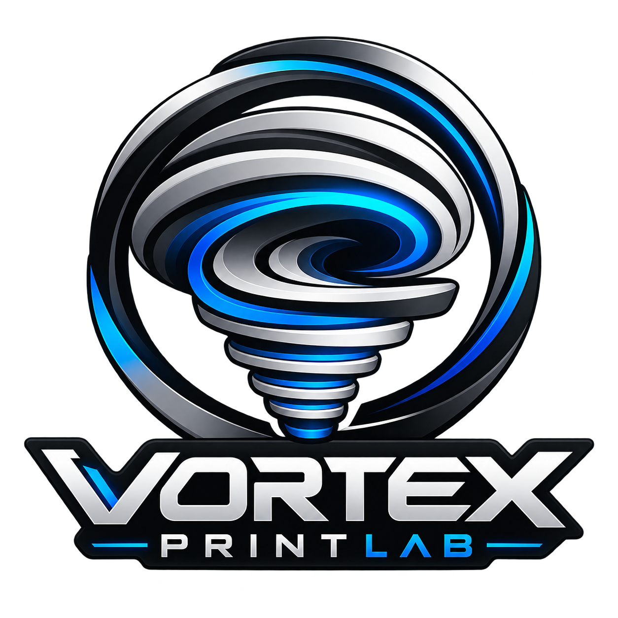Vortex PrintLab — het originele zilveren en blauwe vortexlogo